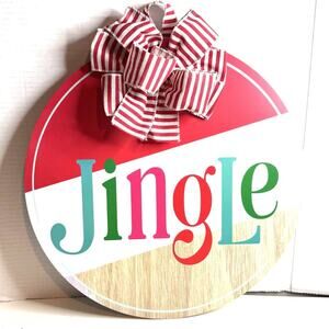 Red And White Jingle Holiday Floral Bow Wooden Door Hanger Christmas Home Decor